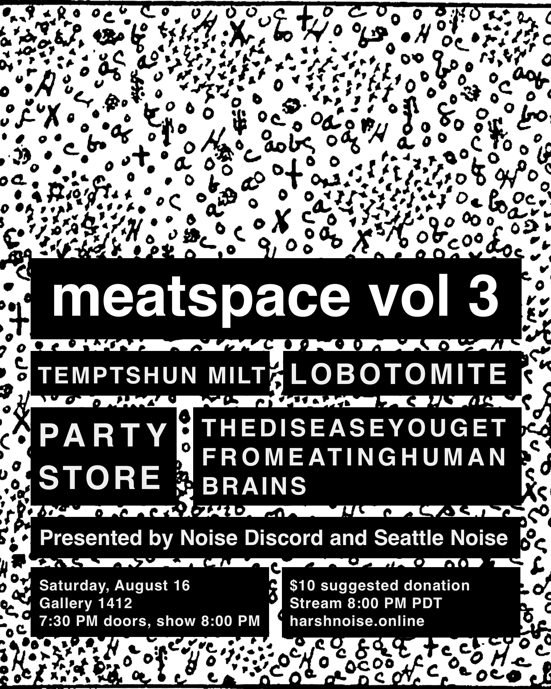 Flyer for meatspace vol 3 featuring performances from THEDISEASEYOUGETFROMEATINGHUMANBRAINS / Temptshun Milt / Lobotomite / Party Store