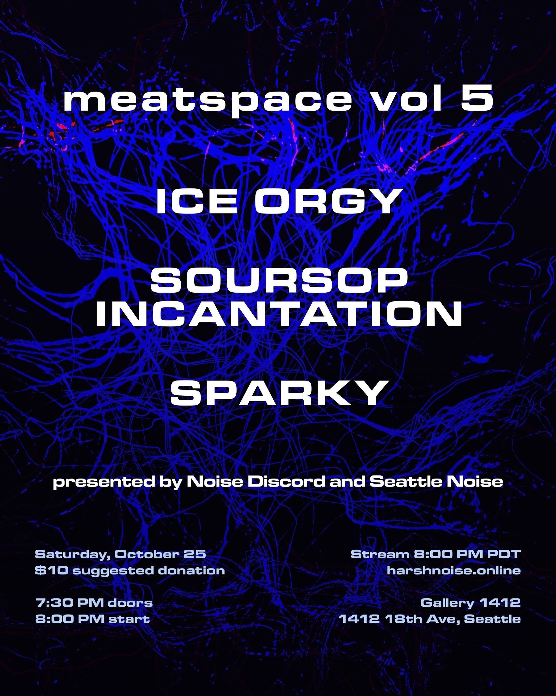 flyer for meatspace vol 5 featuring performances from Ice Orgy / Soursop Incantations / Sparky