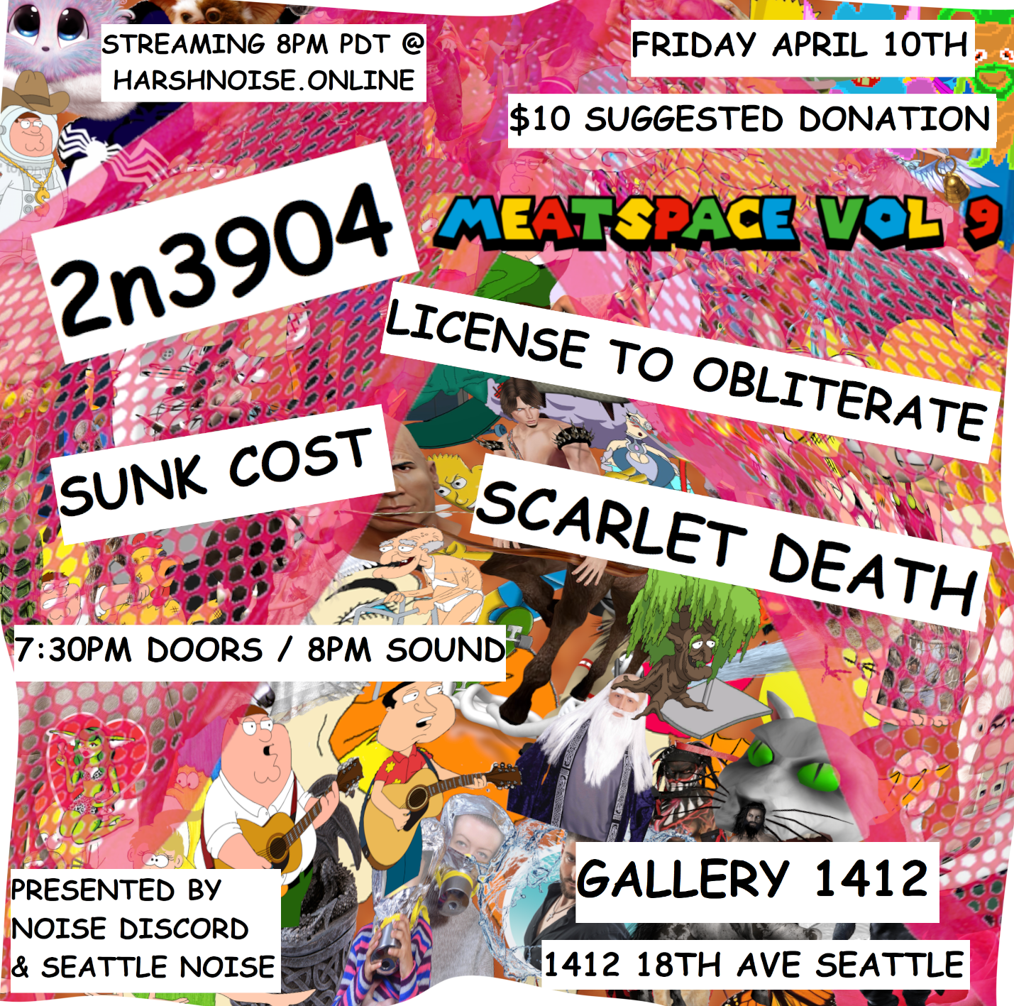 flyer for meatspace vol 9 featuring performances from Sunk Cost / Scarlet Death / 2N3904 / License to Obliterate