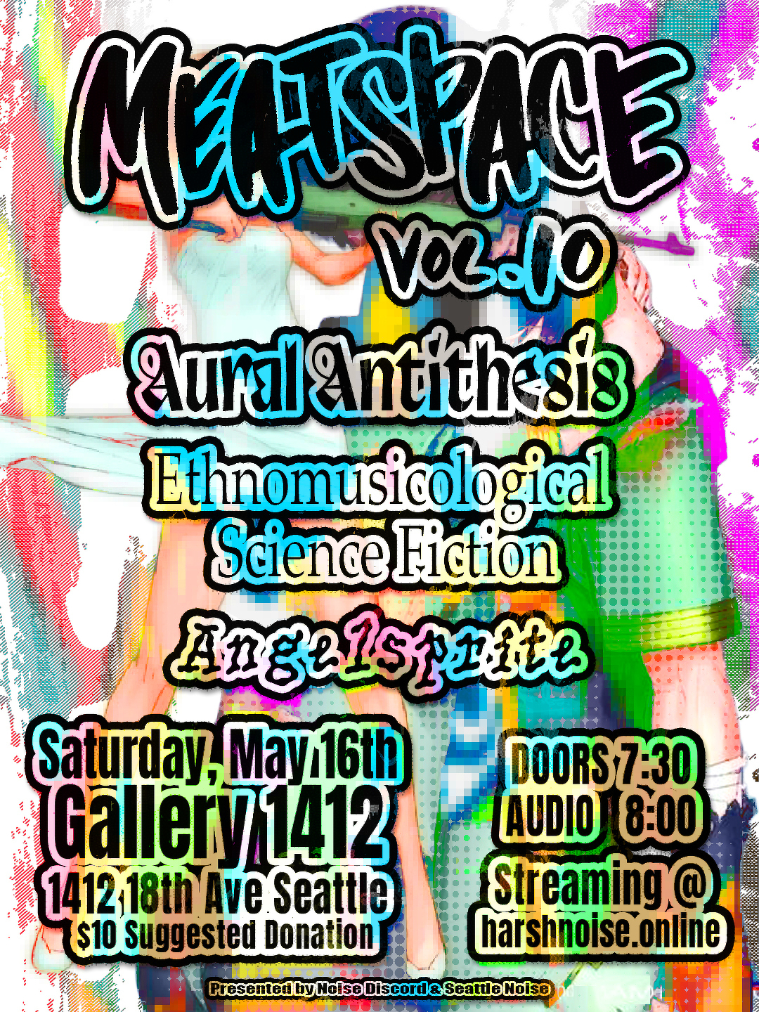 flyer for meatspace vol 10 featuring performances from Aural Antithesis / Angelsprite / Ethnomusicological Science Fiction